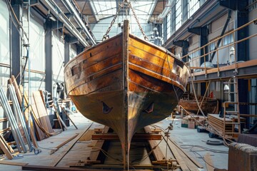 A large wooden boat is in a building with a lot of wood and metal