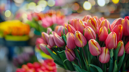 Colourful fresh tulips on sale in flower market amsterdam netherlands europe : Generative AI