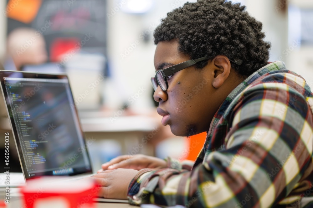 Poster young man with autism focused on coding workshop collaboration with peers