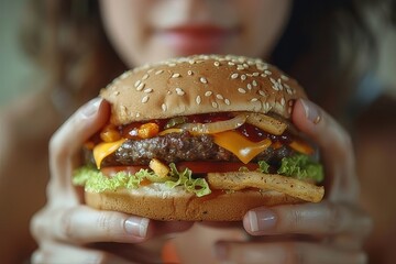 Close Up Of A Sesame Seed Bun Cheeseburger Held By Hands