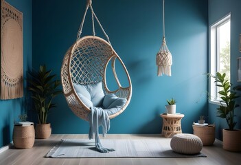 interior design style- reading nook with a hanging rattan chair, cozy floor pouf, and a macrame wall hanging