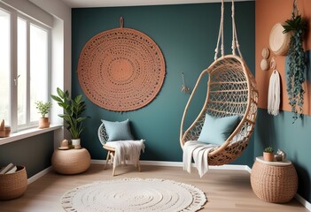 interior design style- reading nook with a hanging rattan chair, cozy floor pouf, and a macrame wall hanging