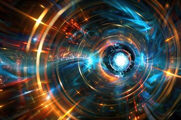 A colorful, swirling galaxy with a bright blue center