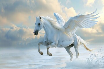 Obraz premium A white horse with wings is running through the snow