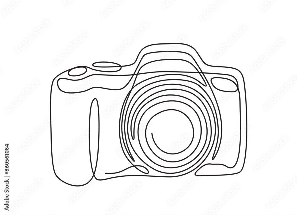 Poster continuous line art or one line drawing of a camera linear style and hand drawn vector illustrations