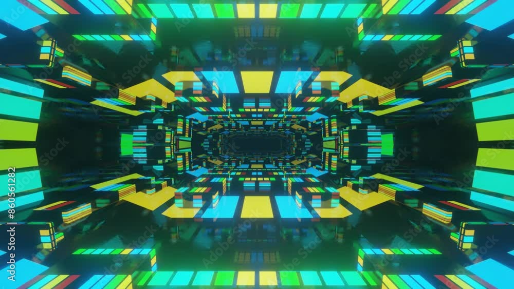 Poster 4k seamless looped animation. fly through mirror symmetrical tunnel with neon pattern, sci fi glow p