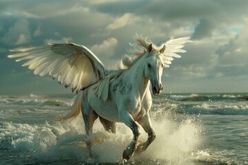 Fototapeta premium A white winged horse gallops through the ocean waves, its wings outstretched as it splashes through the water