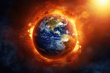 Obraz premium A fiery ring surrounds the planet Earth, casting an orange glow against the dark backdrop of space