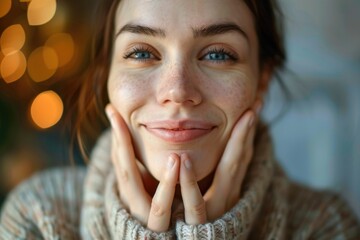 A close-up portrait of a woman smiling warmly, her hands resting gently on her cheeks. The soft lighting and bokeh create a warm and inviting atmosphere