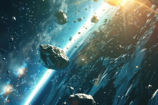An awe-inspiring digital artwork depicting a swirling collection of asteroids against a backdrop of a distant planet and a radiant sun