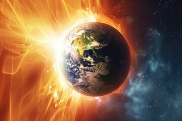 A digital illustration depicting Earth engulfed in a fiery cosmic dance, highlighting the planets vulnerability and the power of the universe
