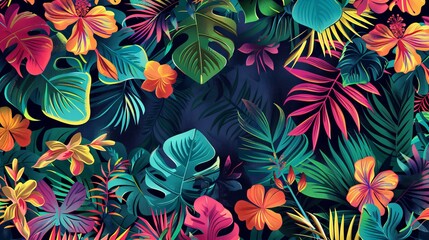 Vibrant tropical print with colorful hand-drawn elements and an Amazonian backdrop, perfect for stylish clothing and home decor.