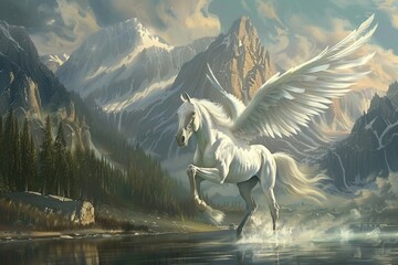 Fototapeta premium A white winged horse with flowing mane and tail gallops through a mountainous landscape, its wings outstretched against a cloudy sky