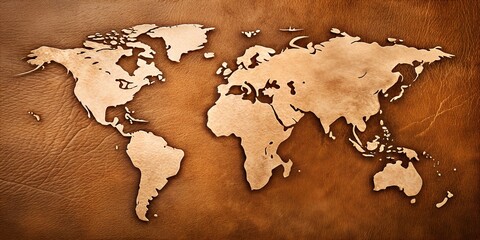 Detailed World Map Carved Into Brown Leather. Generative AI