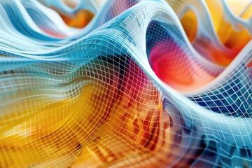 An abstract image featuring colorful, flowing waves and a superimposed grid pattern