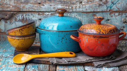 Fototapeta premium A nostalgic scene with vibrant retro cookware on a weathered wooden table
