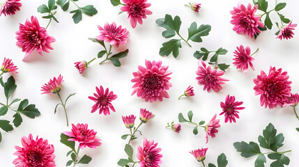 Flowers creative composition Bouquet of chrysanthemum flowers plant with leaves isolated on white background Flat lay top view copy space : Generative AI