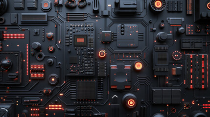 Fototapeta premium Abstract futuristic background in dark colors. Black abstract microcircuits and processors. AI generative