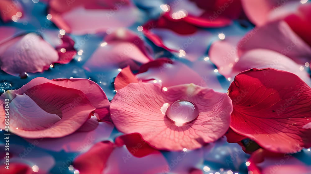Aufkleber Greeting card with beautiful rose petals macro with drop floating on surface of the water close up It can be used as backgroundFlat lay top view copy space concept : Generative AI