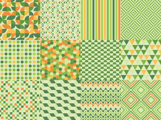 Collection of bright seamless colorful geometric patterns. Abstract unusual modern retro backgrounds. Green mosaic tile endless textures. Eco unusual prints