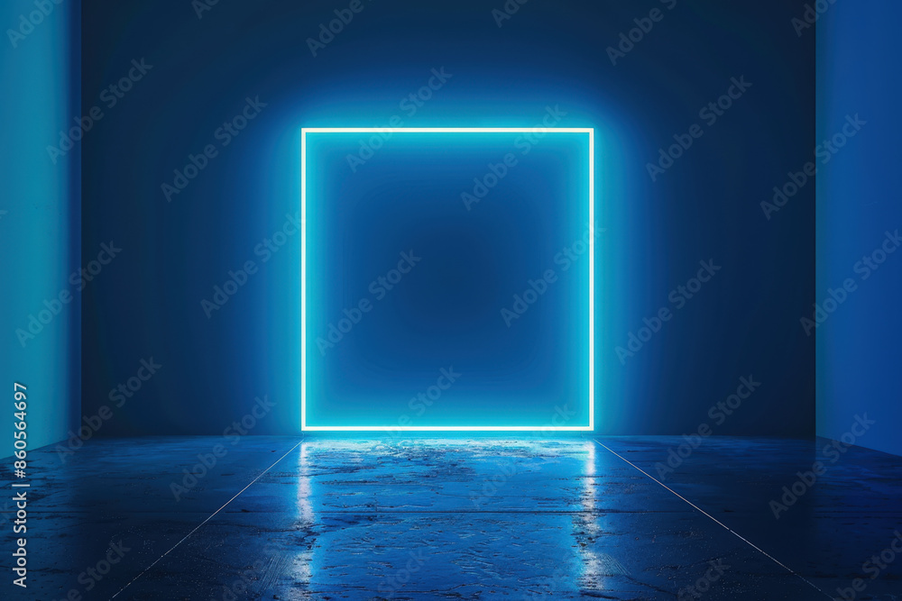 Poster glowing square neon frame is illuminating a dark room with a blue background, creating a futuristic 