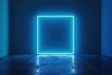 Glowing square neon frame is illuminating a dark room with a blue background, creating a futuristic and minimalist atmosphere