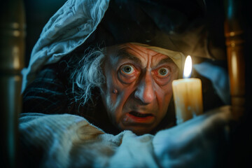 An old man dressed as Scrooge from Dickens' A Chistmas Carol.