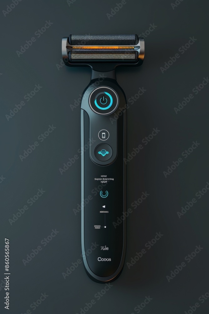Poster smart razor with digital display showing battery and blade sharpness on sleek modern background