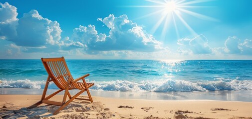A tranquil beach scene with a wooden chair facing the ocean under a sunny sky, perfect for leisure and relaxation. Relaxing tropical beach scene