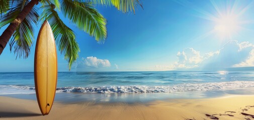 Sunny tropical beach with surfboard, palm tree, and blue ocean waves under a clear sky, perfect for summer holidays and surfing enthusiasts.