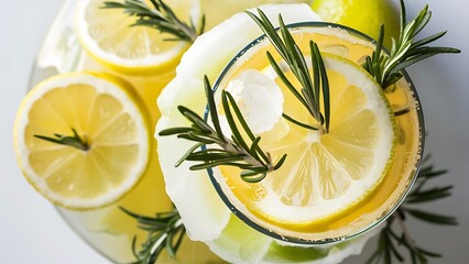 Cold drink with lemon lime ice and rosemary in frozen glasses top view