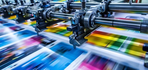 Fototapeta premium High-speed printing process with vibrant colors, highlighting modern printing technology and machinery in a professional print shop. fast-paced environment, Atmospheric