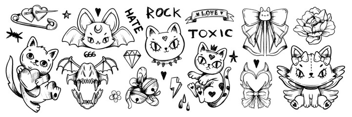 Grunge doodle cat set, tattoo sketch kitten, vector hand drawn gothic girly animals, punk scribble. Y2k emo rock romantic illustration, Valentine love symbol, crayon inscription, rose. Ink doodle cat
