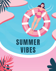 Woman in a pink swimsuit in the pool on a swim ring summer illustration, banner