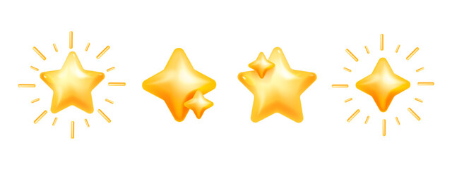 3D star icon set, vector plastic cosmic sticker, yellow y2k trendy sky holiday decor collection kit. New Year Christmas festive shapes, sparkle ray, social media quality service rate. 3D star clipart