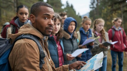 Obraz premium African American Male Teacher Leading a Group of Young Students on a Forest Field Trip. Generative ai
