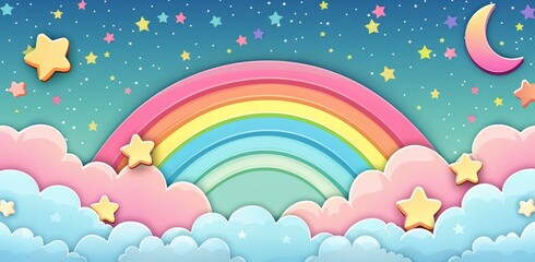Cute cartoon rainbow background with pink clouds and a blue sky containing many stars. A colorful rainbow background suitable for a photo shoot backdrop for children's parties.