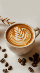 A cup of cappuccino with latte art and coffee beans placed on a table, showing a perfect setting for coffee lovers and enthusiasts to enjoy their beverage