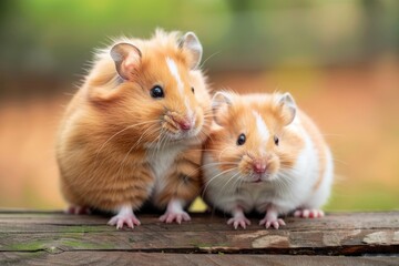 Obraz premium Furry brown and white hamsters sitting together displaying their soft fur and cute, wiggling noses