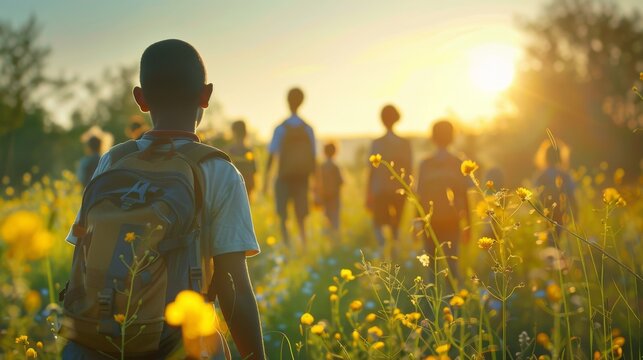 Young Boy with Backpack Walking in Flower Field at Sunset. Generative ai