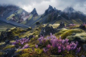 Fototapeta premium Icelandic Mountain Landscape with Purple Flowers