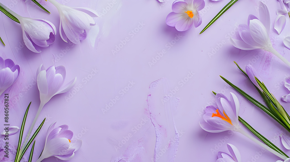 Aufkleber flower layout from spring flowers crocus on a pastellilac background Top view and copy space : Generative AI