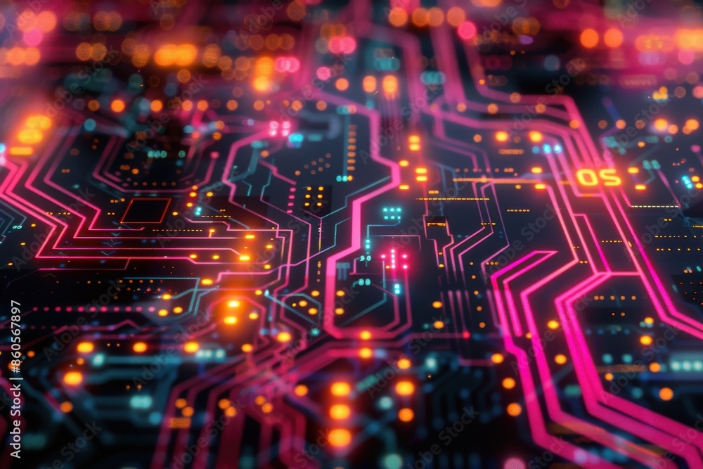 Poster neon integrated circuit displayed with data on dark background