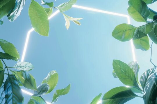 Neon green leaves pattern on blue background with white hexagon - Powered by Adobe