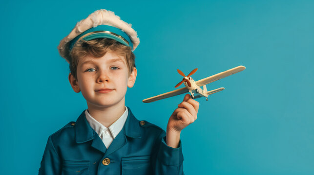 portrait of a boy in a pilot uniform, holding a model airplane on blue background