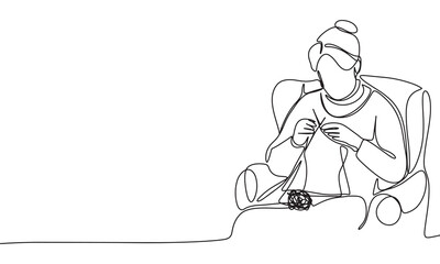 Grandmother is knitting one line continuous. Old woman is knitting line art. Hand drawn vector art.
