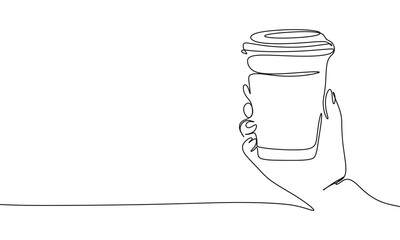 Cup in hand one line continuous. Cup take away line art. Hand drawn vector art.