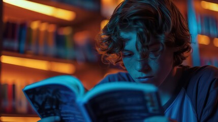 Fototapeta premium A student engrossed in a book in the school library, their imagination ignited by the power of literature