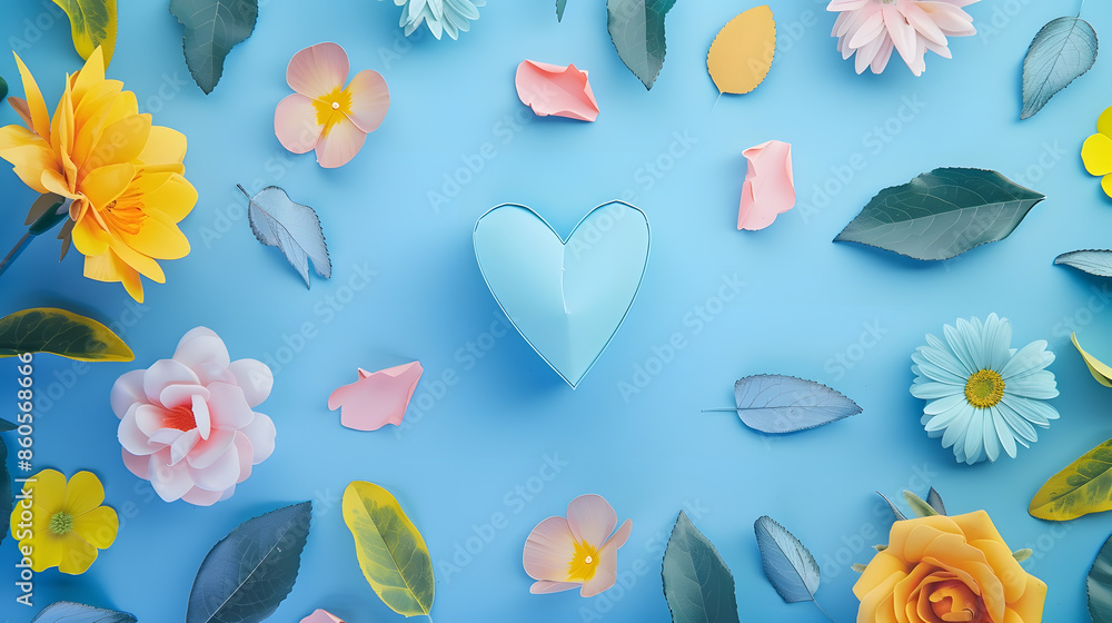 Poster creative layout with colorful flowers leaves and heart shape anniversary conceptflat lay : generativ