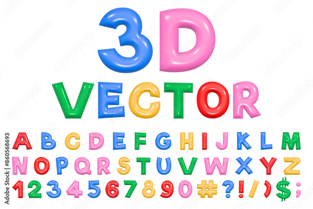 Poster multicolored playful alphabet in y2k style. 3d rendering of plump letters, plastic glossy reflective